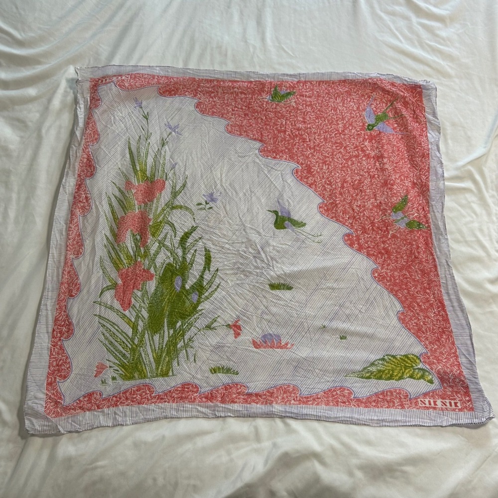 Vintage Nik-Nik Gianfranco Ferre Cotton Scarf Hummingbird Floral Italy 26x26